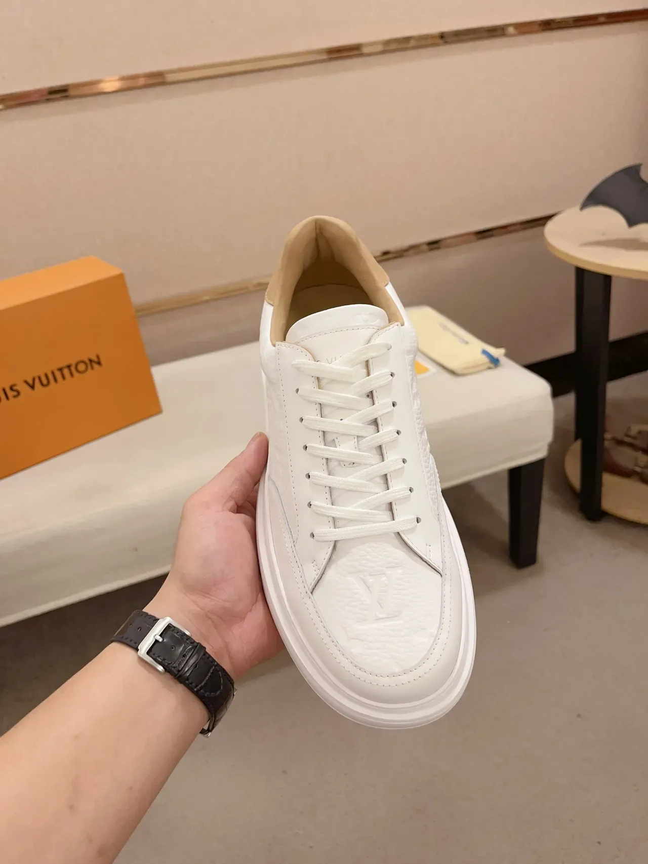 Louis Vuitton LV Trainer White Beige Monogram Leather Platform Sole Lifestyle Sneakers 5