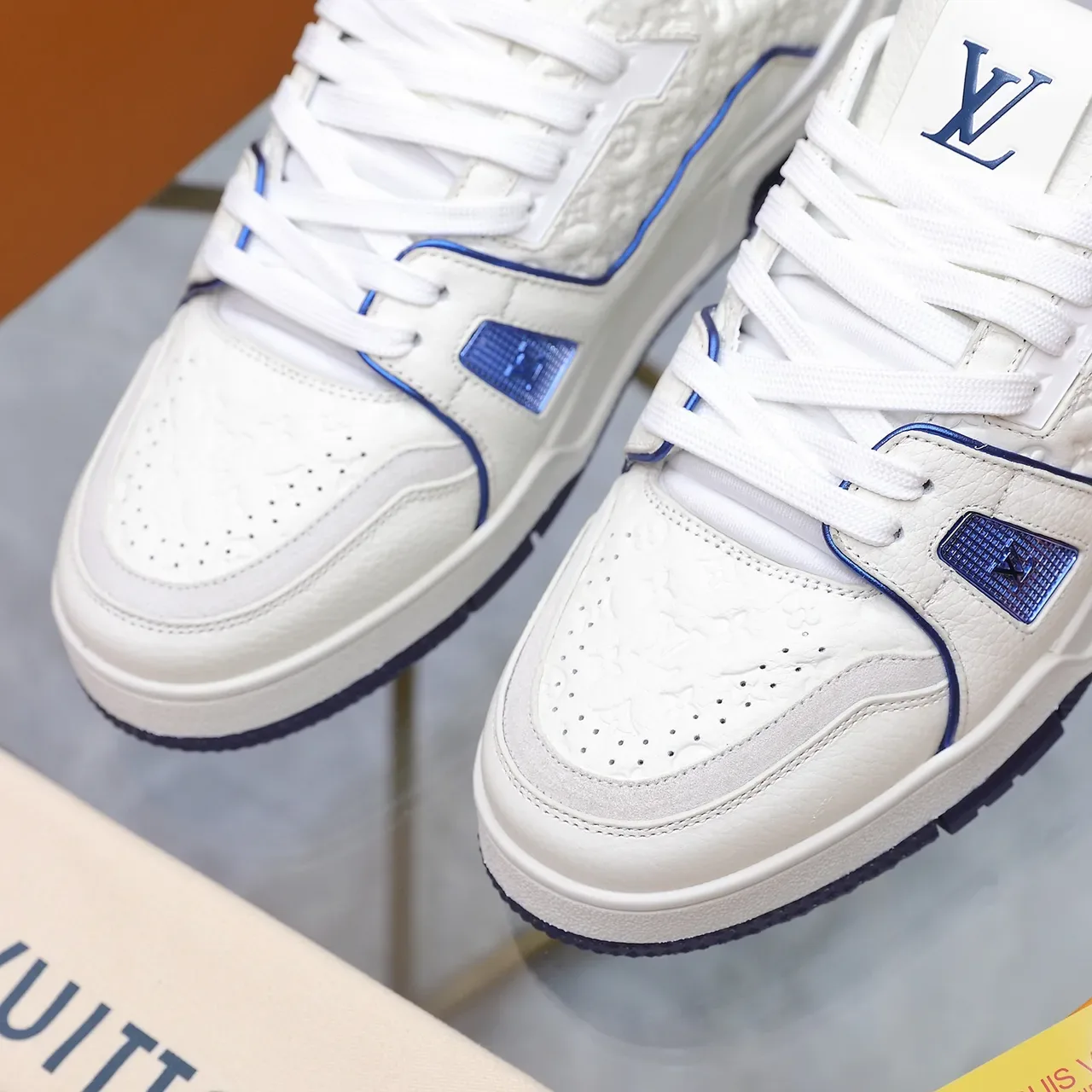 Louis Vuitton LV Trainer White Blue Embossed Monogram Leather Piping Detail Lifestyle Sneakers 2