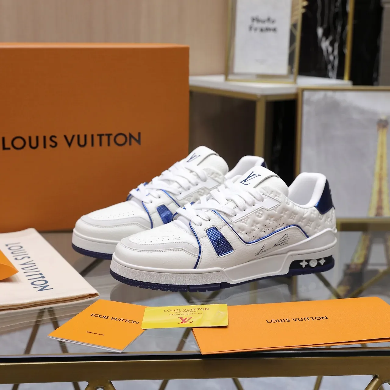 Louis Vuitton LV Trainer White Blue Embossed Monogram Leather Piping Detail Lifestyle Sneakers 3