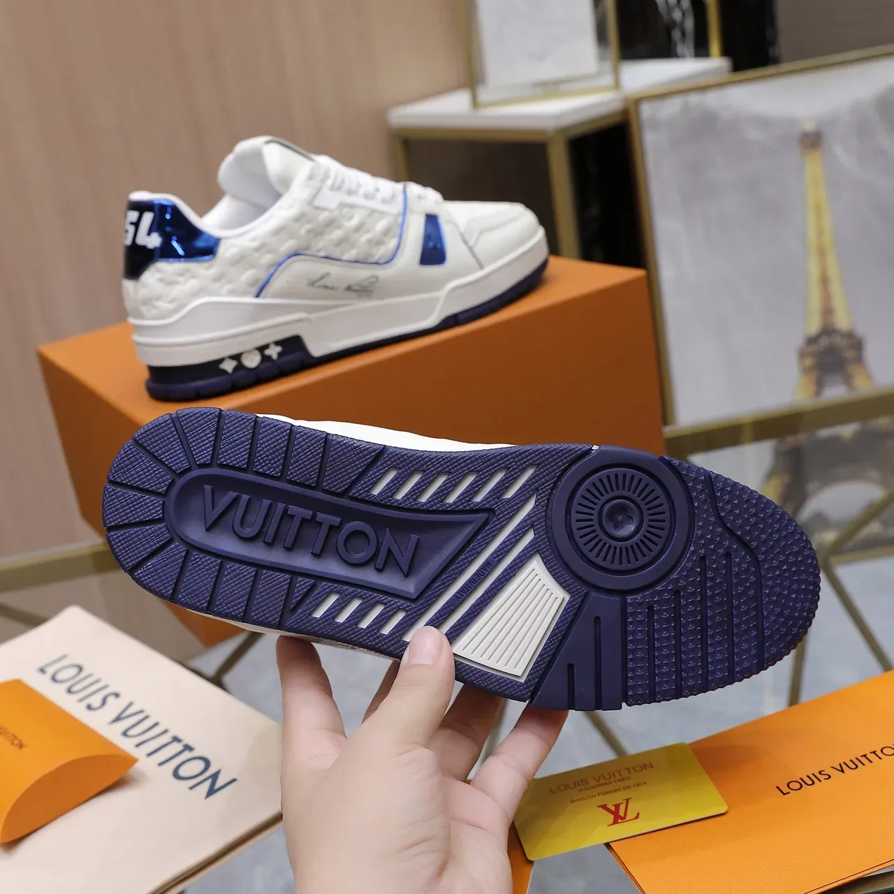 Louis Vuitton LV Trainer White Blue Embossed Monogram Leather Piping Detail Lifestyle Sneakers 4