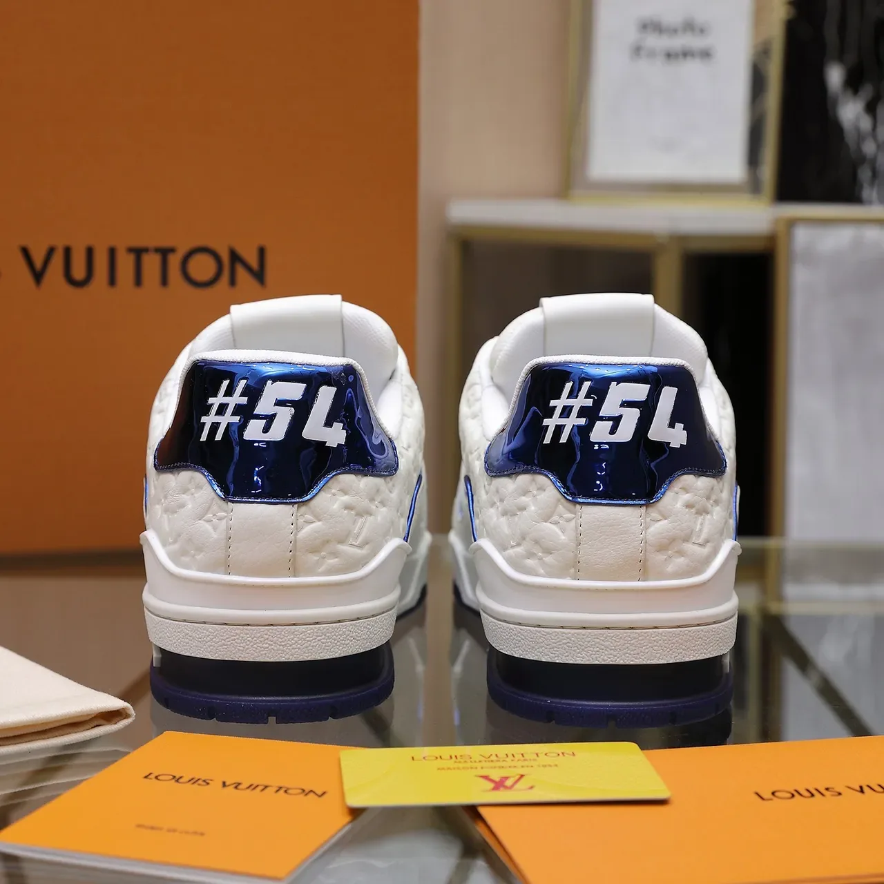 Louis Vuitton LV Trainer White Blue Embossed Monogram Leather Piping Detail Lifestyle Sneakers 5