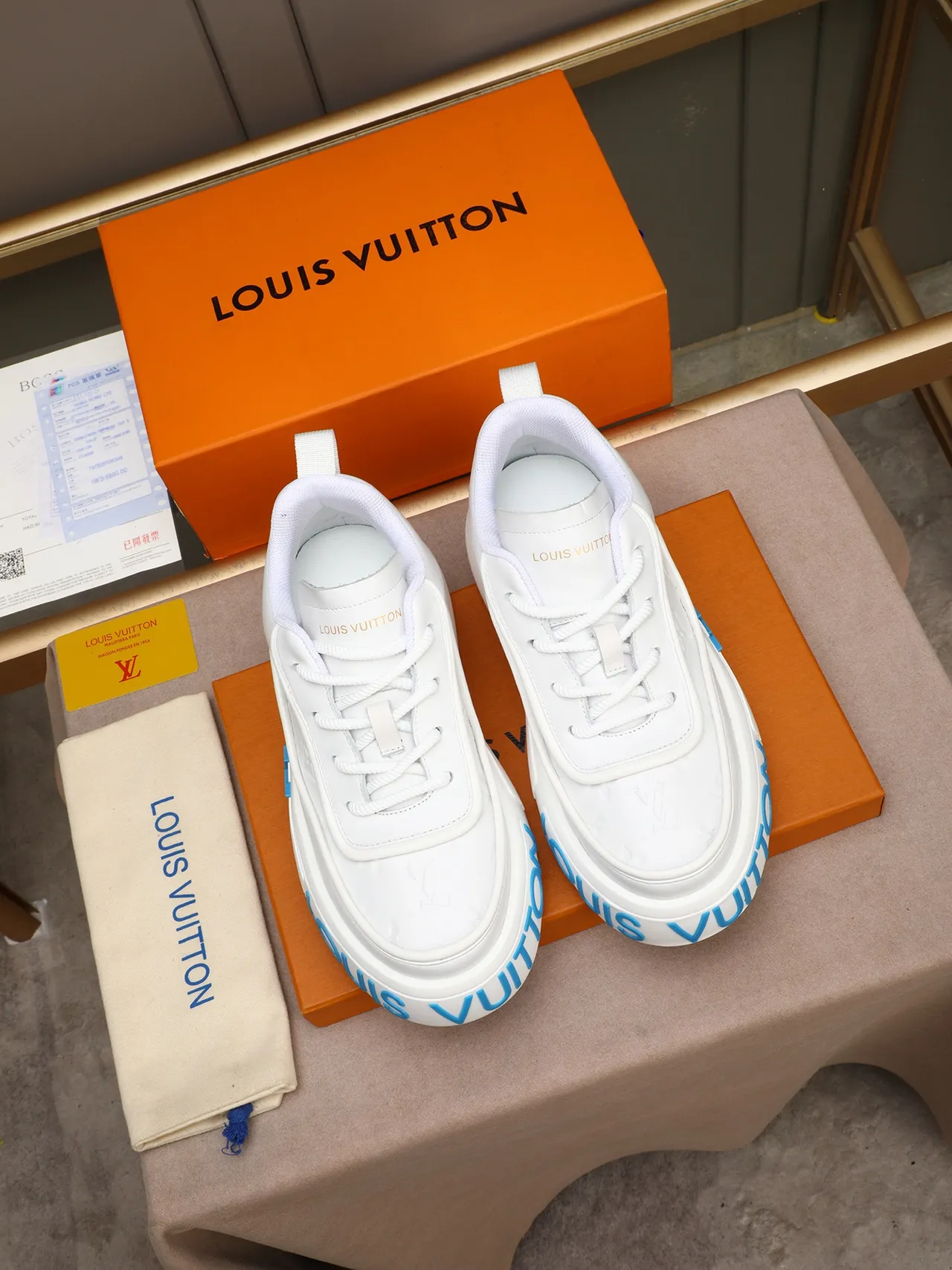 Louis Vuitton LV Trainer White Blue Leather Upper Embossed Monogram Lifestyle Sneakers 3