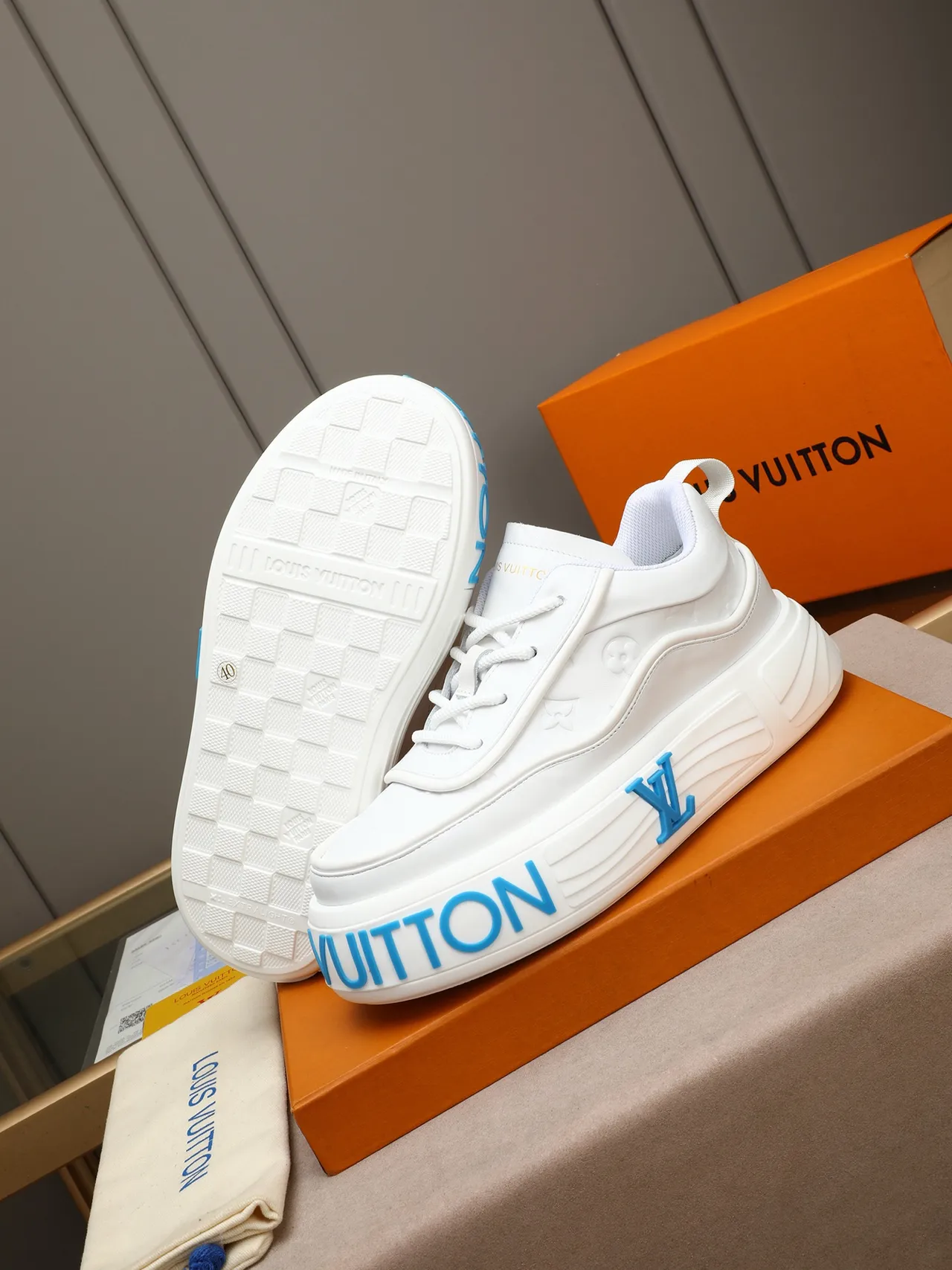 Louis Vuitton LV Trainer White Blue Leather Upper Embossed Monogram Lifestyle Sneakers 5