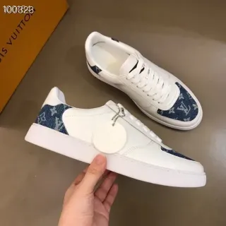 Louis Vuitton LV Trainer Blanco Azul Low-Top Cuero Y Denim Panel Construction Lifestyle Sneakers