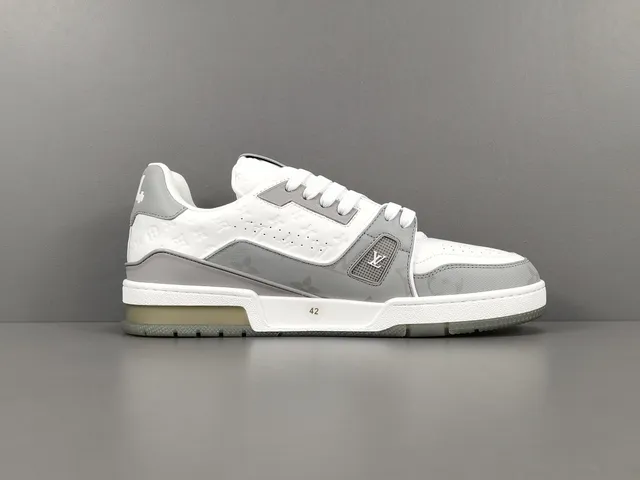 Louis Vuitton LV Trainer White Gray Layered Monogram Leather Perforated Toe Lifestyle Sneakers 18