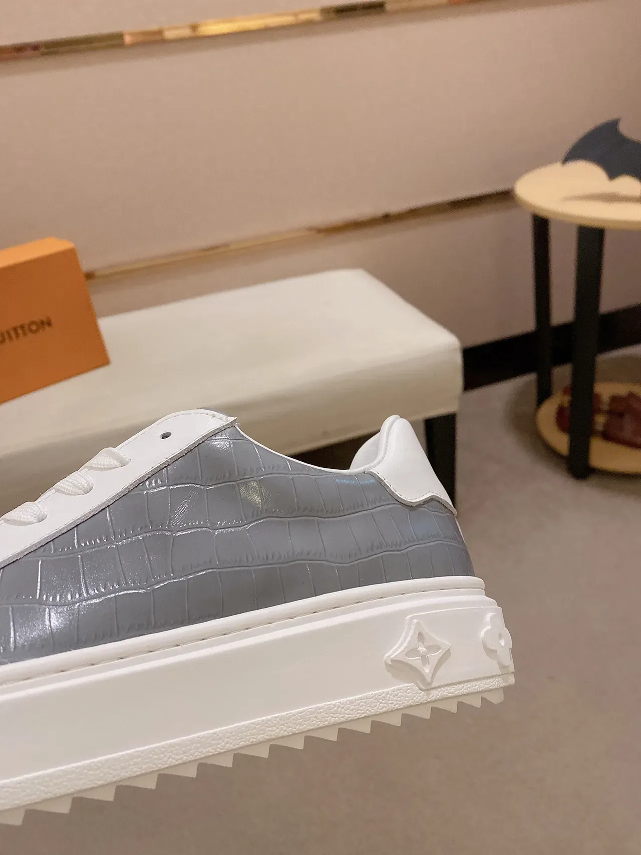 Louis Vuitton LV Trainer White Gray Leather Toe Cap Croc-Embossed Side Panel Lifestyle Sneakers 4