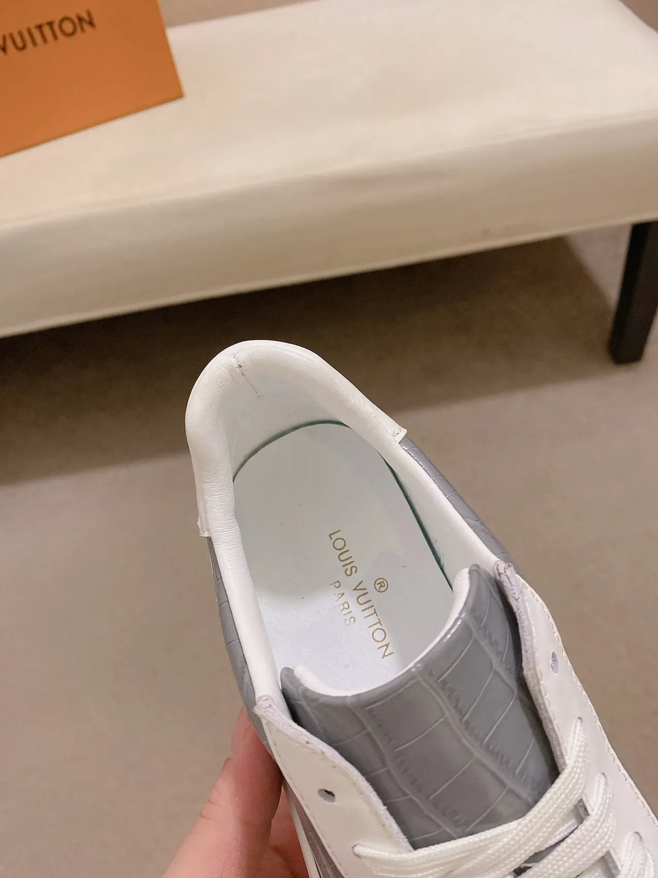 Louis Vuitton LV Trainer White Gray Leather Toe Cap Croc-Embossed Side Panel Lifestyle Sneakers 5