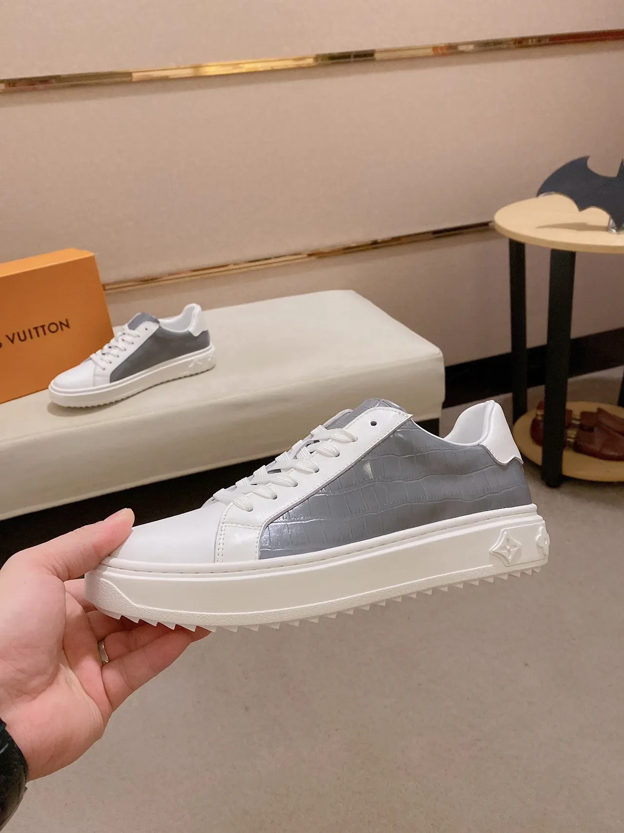 Louis Vuitton LV Trainer White Gray Leather Toe Cap Croc-Embossed Side Panel Lifestyle Sneakers 8
