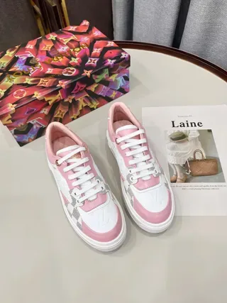 Louis Vuitton LV Trainer White Pink Monogram-Embossed Leather Damier Check Paneling Lifestyle Sneakers 2