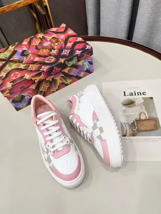 Louis Vuitton LV Trainer White Pink Monogram-Embossed Leather Damier Check Paneling Lifestyle Sneakers 3