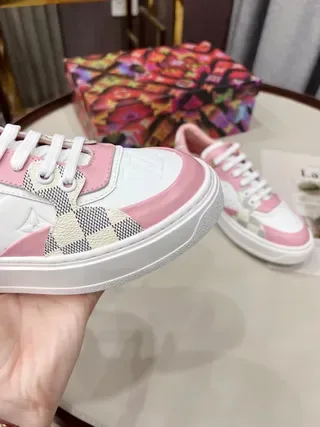 Louis Vuitton LV Trainer White Pink Monogram-Embossed Leather Damier Check Paneling Lifestyle Sneakers 4