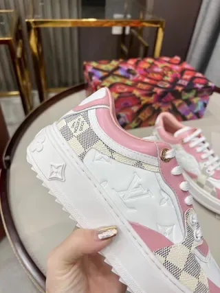 Louis Vuitton LV Trainer White Pink Monogram-Embossed Leather Damier Check Paneling Lifestyle Sneakers 5