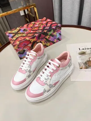 Louis Vuitton LV Trainer White Pink Monogram-Embossed Leather Damier Check Paneling Lifestyle Sneakers 6