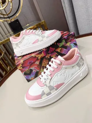 Louis Vuitton LV Trainer White Pink Monogram-Embossed Leather Damier Check Paneling Lifestyle Sneakers 7