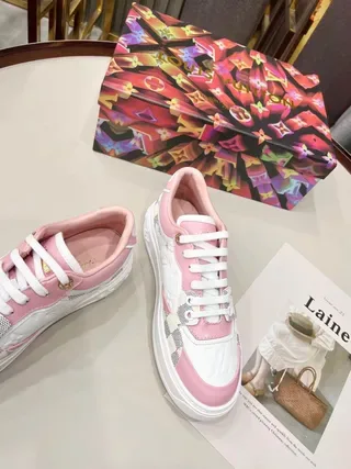 Louis Vuitton LV Trainer White Pink Monogram-Embossed Leather Damier Check Paneling Lifestyle Sneakers 8