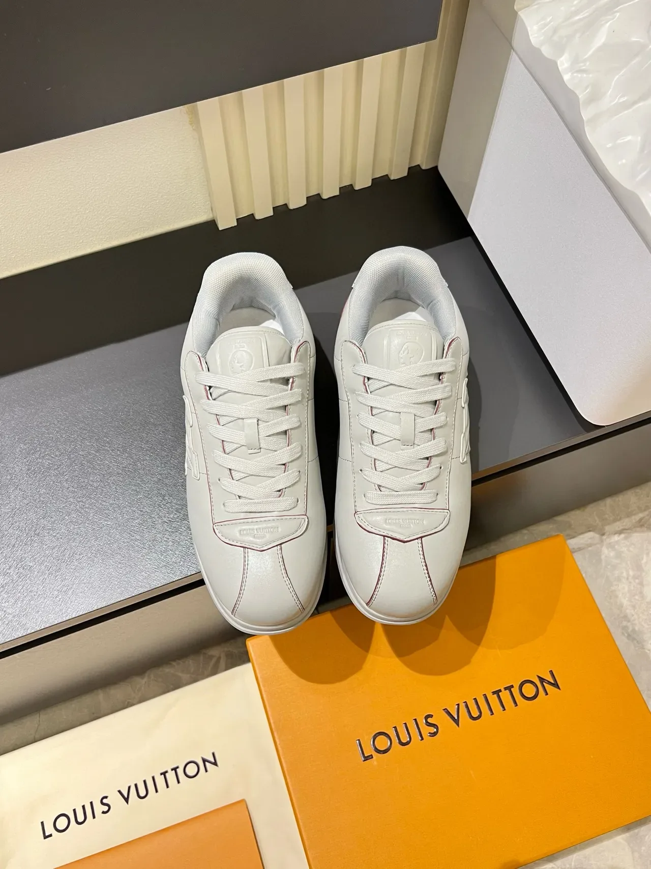 Louis Vuitton LV Trainer White Red Embossed Monogram Leather Lifestyle Sneakers 2