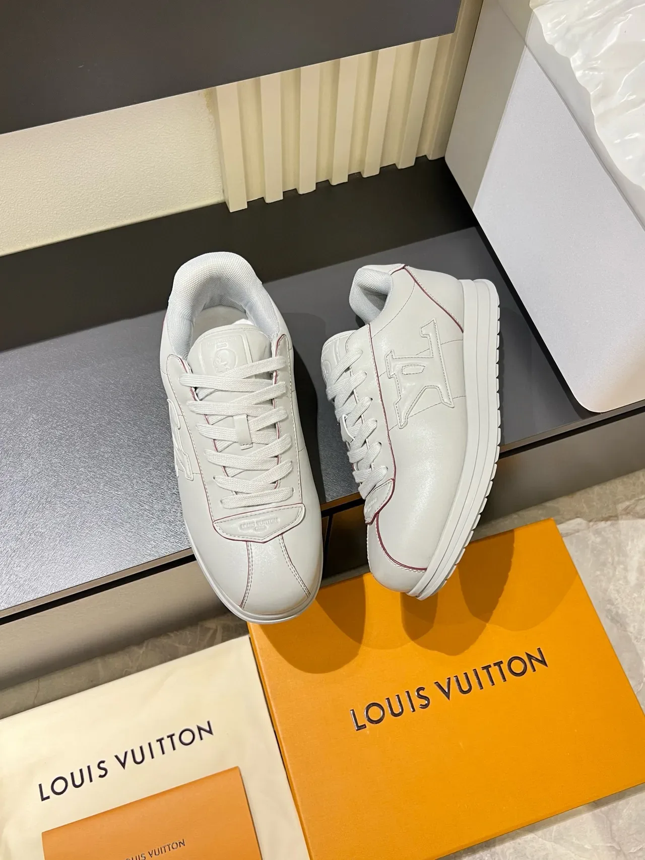 Louis Vuitton LV Trainer White Red Embossed Monogram Leather Lifestyle Sneakers 4
