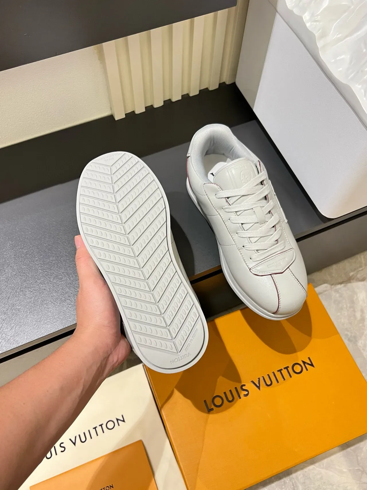 Louis Vuitton LV Trainer White Red Embossed Monogram Leather Lifestyle Sneakers 7