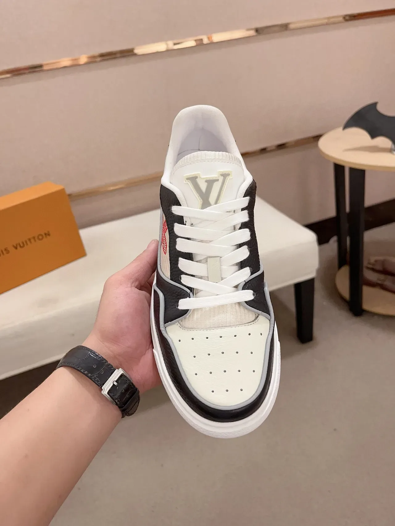 Louis Vuitton LV Trainer White Red Panelled Leather And Textile Upper Embroidered Monogram Flower Lifestyle Sneakers 2
