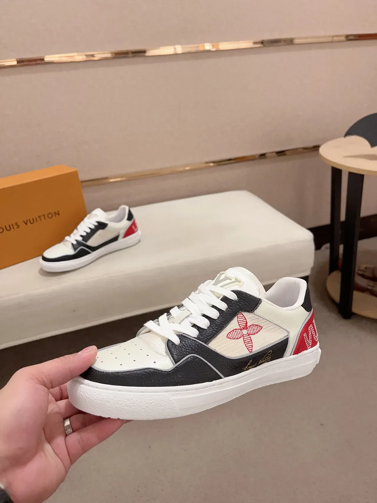Louis Vuitton LV Trainer White Red Panelled Leather And Textile Upper Embroidered Monogram Flower Lifestyle Sneakers 3