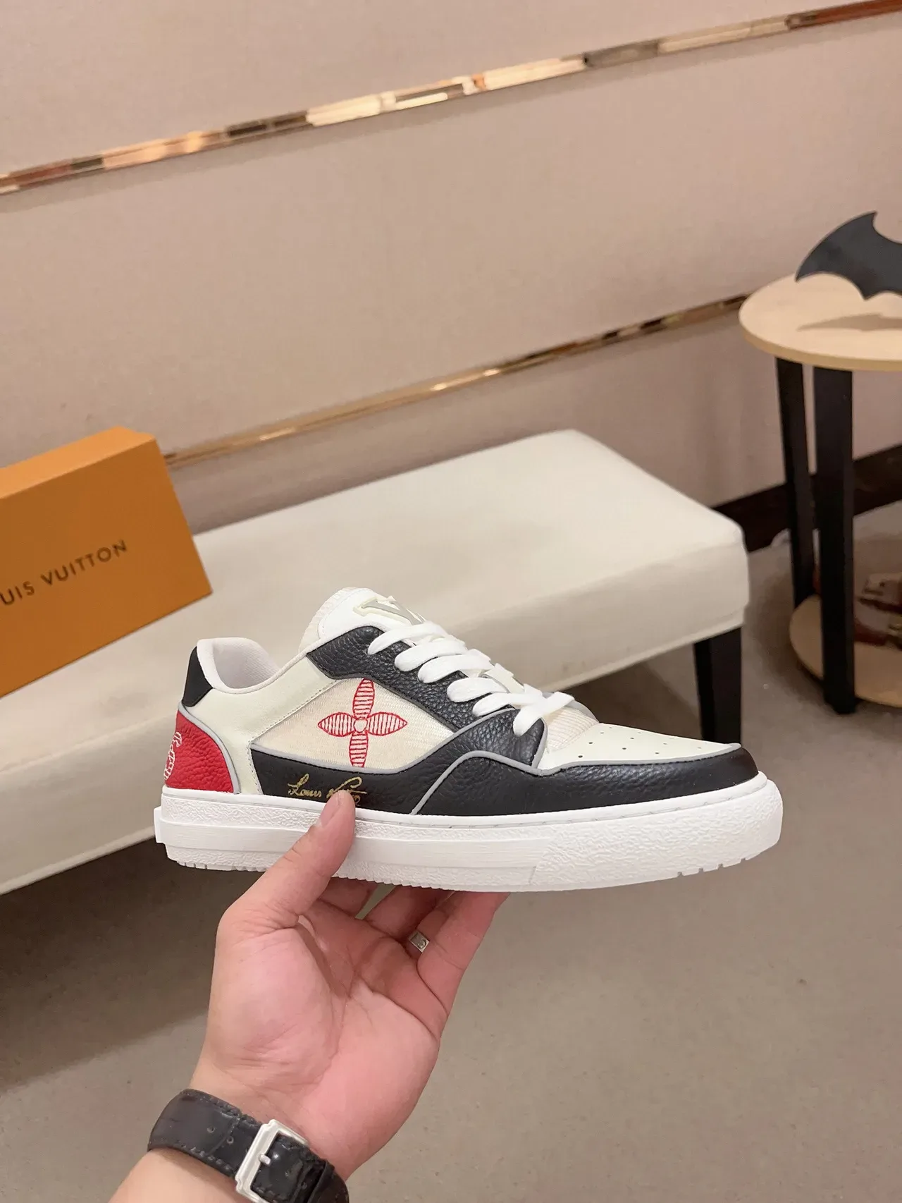 Louis Vuitton LV Trainer White Red Panelled Leather And Textile Upper Embroidered Monogram Flower Lifestyle Sneakers 4
