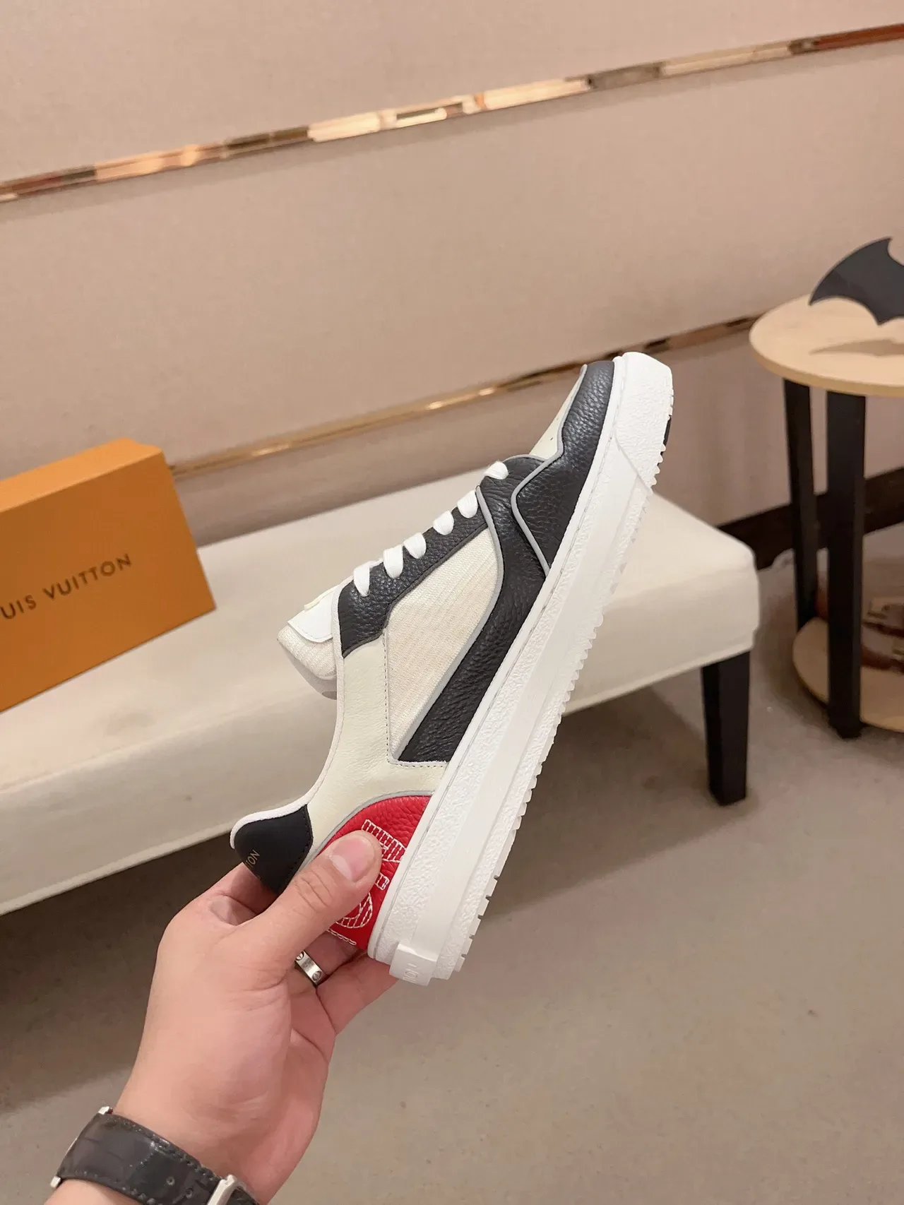Louis Vuitton LV Trainer White Red Panelled Leather And Textile Upper Embroidered Monogram Flower Lifestyle Sneakers 5