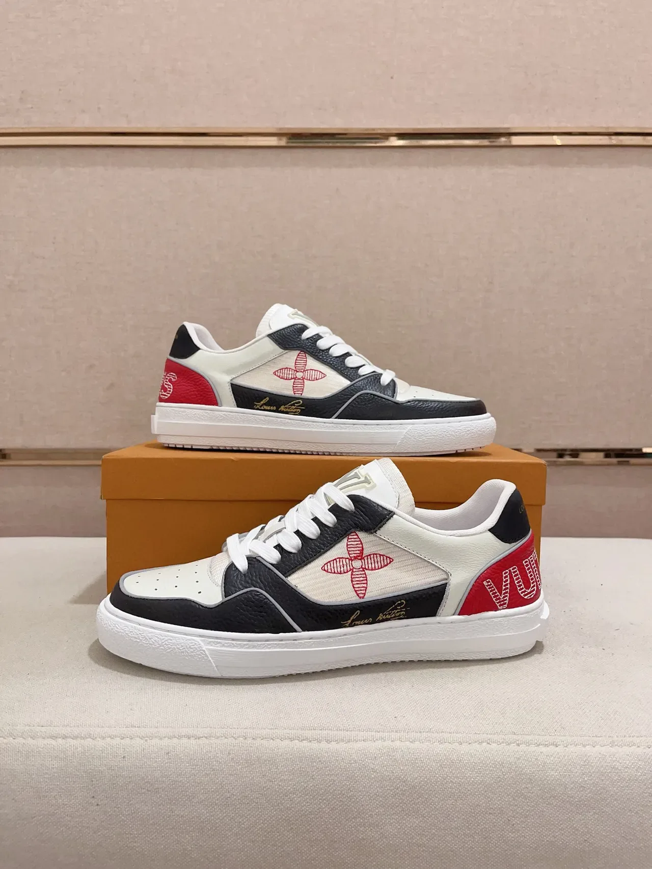 Louis Vuitton LV Trainer White Red Panelled Leather And Textile Upper Embroidered Monogram Flower Lifestyle Sneakers 7