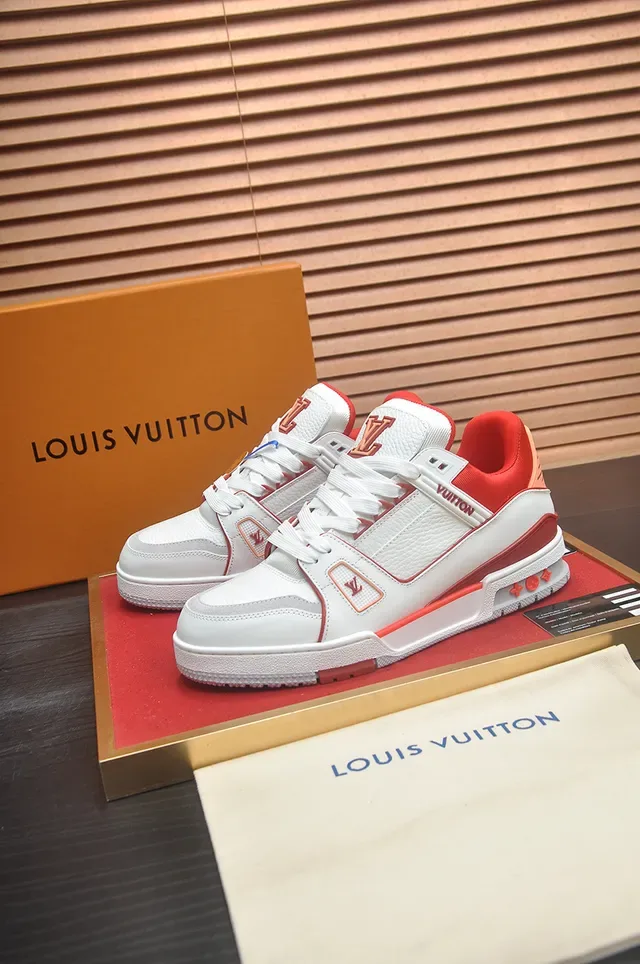 Louis Vuitton LV Trainer White Red Structured Layered Midsole Leather And Synthetic Upper Lifestyle Sneakers 4