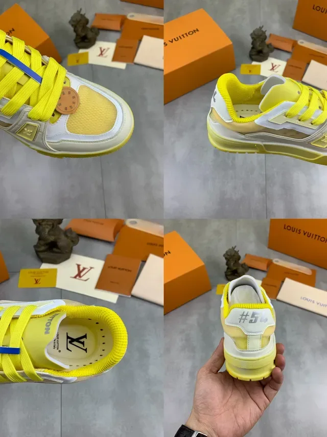 লুইস ভিটন LV Trainer হলুদ-ভূরা মাল্টি লেয়ার্ড ওভারলে মেশ এবং লেদার প্যানেলিং লাইফস্টাইল স্নিকার 2
