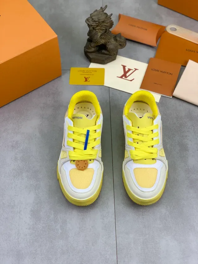 লুইস ভিটন LV Trainer হলুদ-ভূরা মাল্টি লেয়ার্ড ওভারলে মেশ এবং লেদার প্যানেলিং লাইফস্টাইল স্নিকার 4