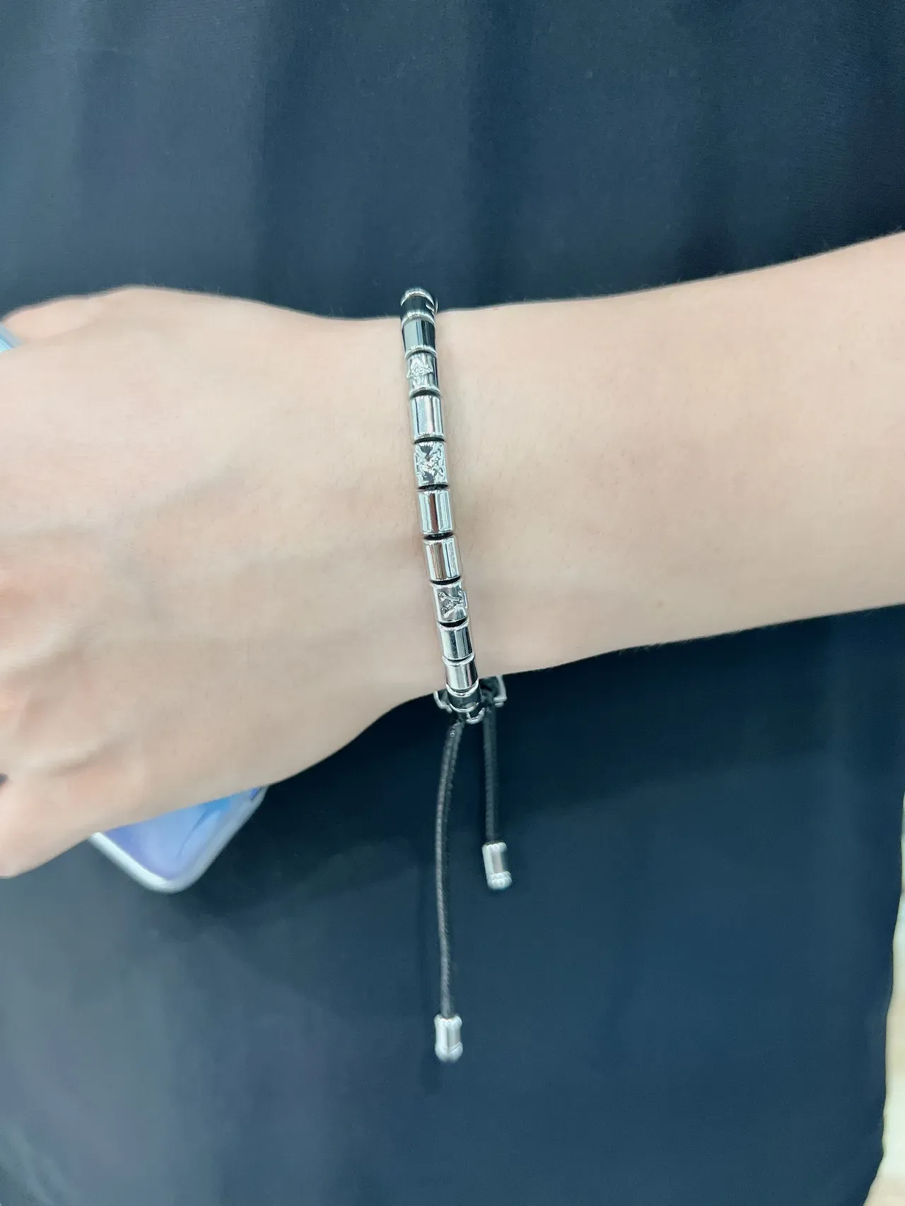 Louis Vuitton Monogram Beads Black Cord Silver-Tone Bracelet 2