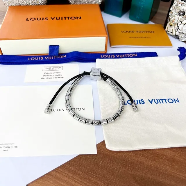 Louis Vuitton Monogram Beads Black Cord Silver-Tone Bracelet 7