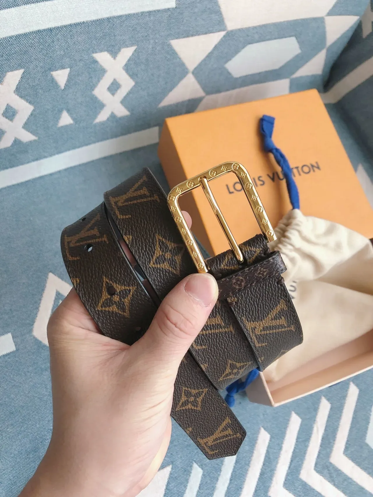 Louis Vuitton Monogram Belt Brown Gold Coated Canvas Rectangular Buckle Leather Belt 2