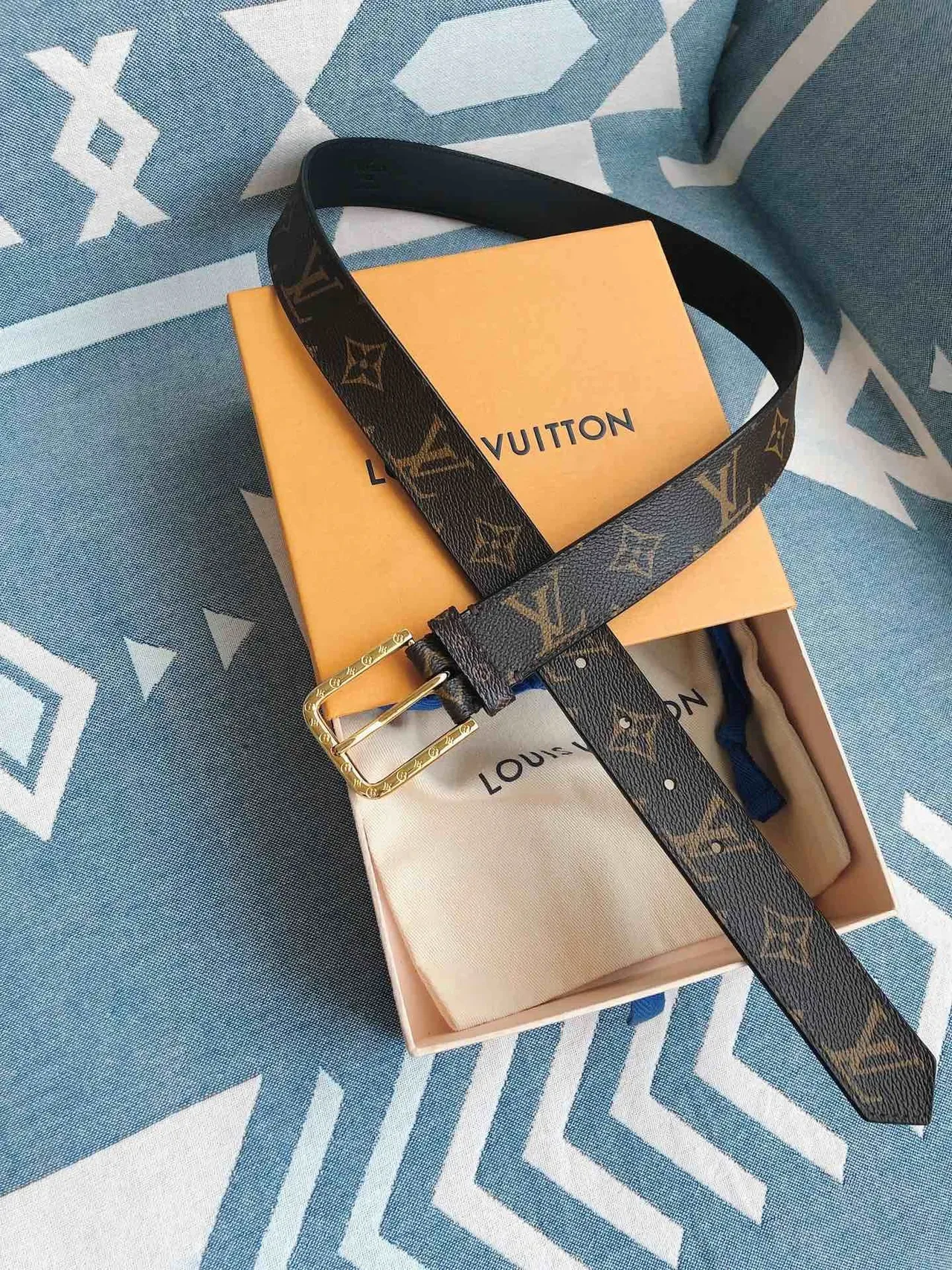 Louis Vuitton Monogram Belt Brown Gold Coated Canvas Rectangular Buckle Leather Belt 4