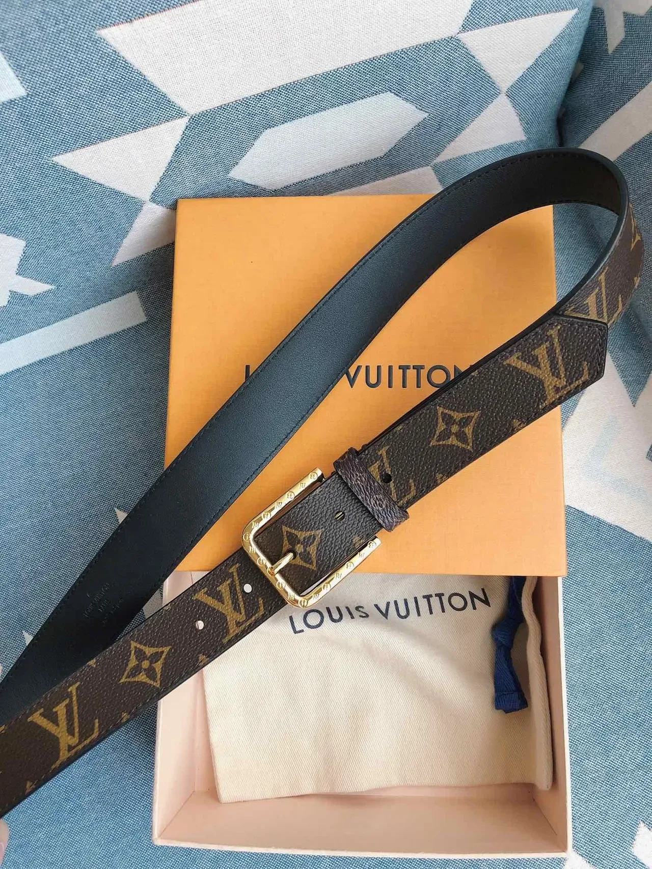 Louis Vuitton Monogram Belt Brown Gold Coated Canvas Rectangular Buckle Leather Belt 5