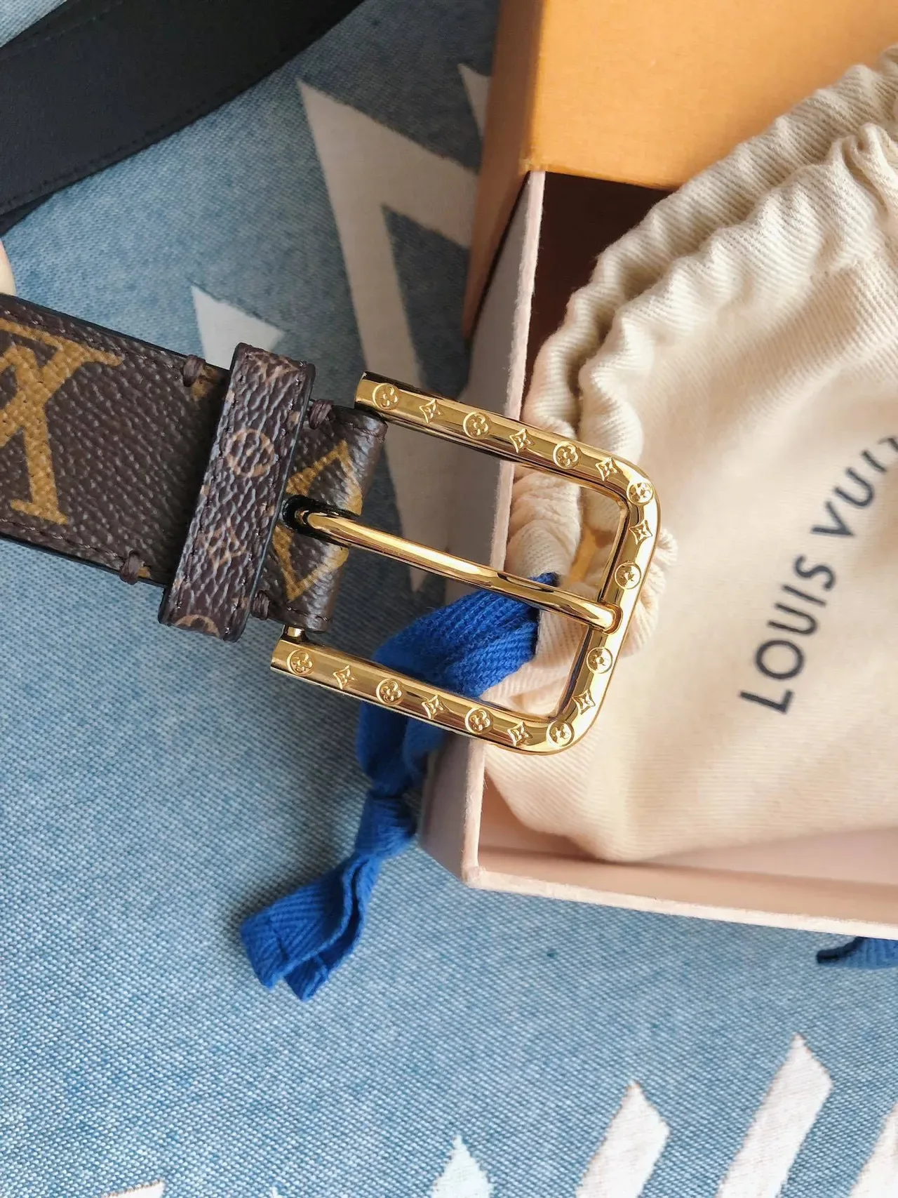 Louis Vuitton Monogram Belt Brown Gold Coated Canvas Rectangular Buckle Leather Belt 6