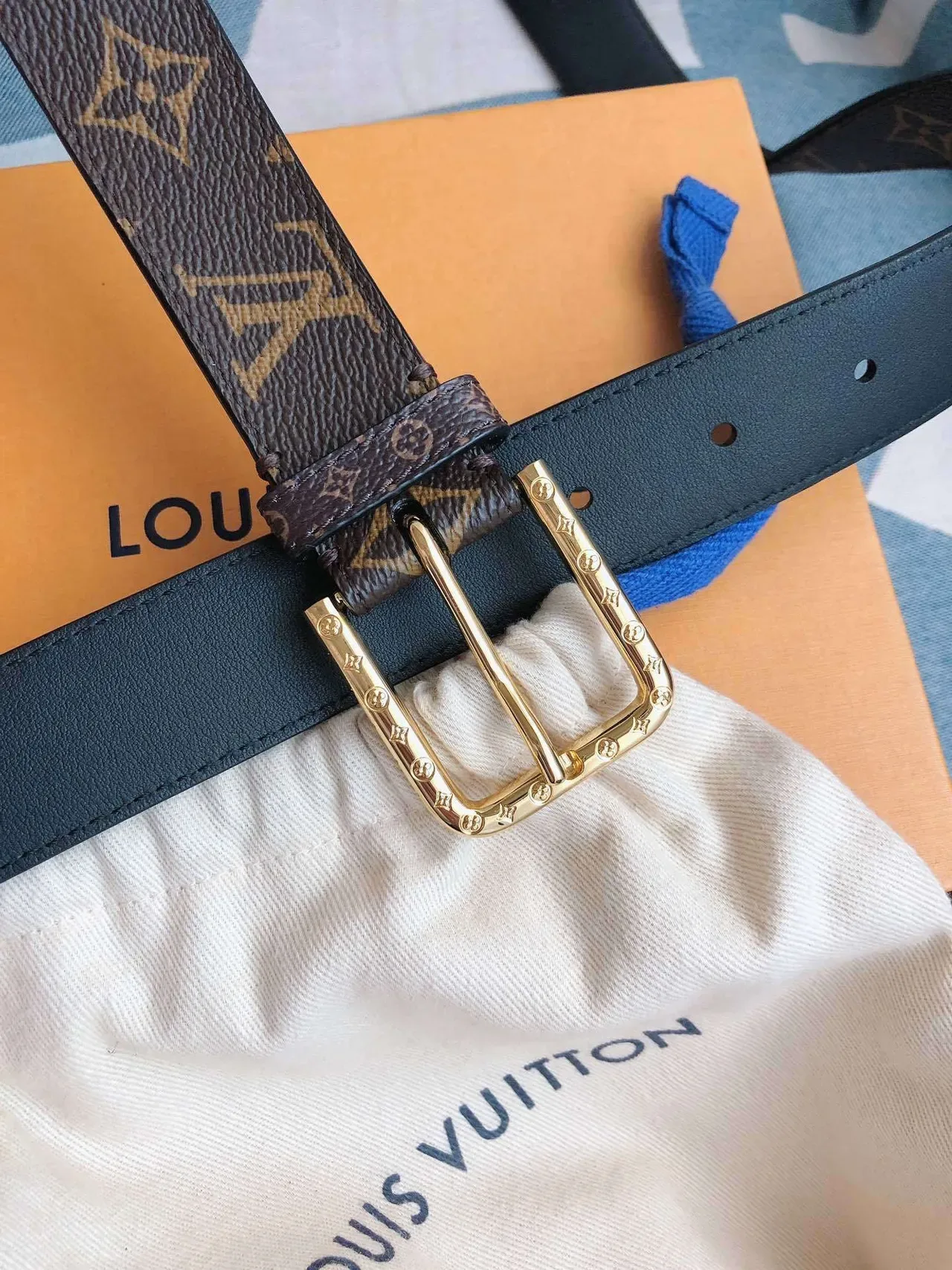 Louis Vuitton Monogram Belt Brown Gold Coated Canvas Rectangular Buckle Leather Belt 9