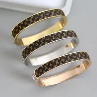 Louis Vuitton Monogram Canvas Bangle Brown Gold Hinged Inlay Bracelet