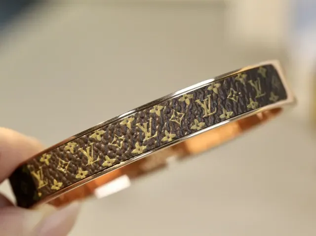 Louis Vuitton Monogram Canvas Bangle Brown Gold Hinged Inlay Bracelet 3
