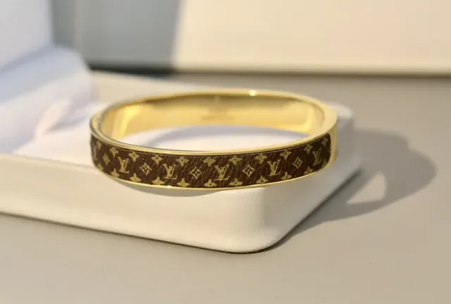 Louis Vuitton Monogram Canvas Bangle Brown Gold Hinged Inlay Bracelet 8