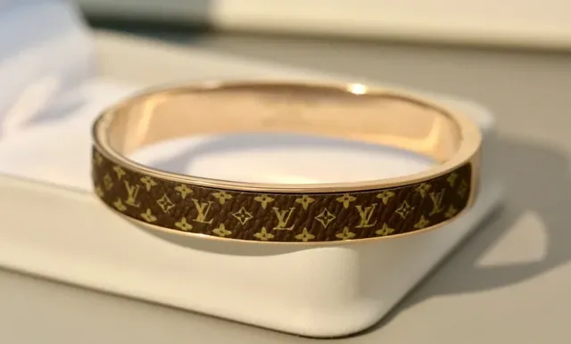Louis Vuitton Monogram Canvas Bangle Brown Gold Hinged Inlay Bracelet 9