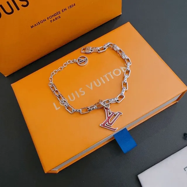 Louis Vuitton Monogram Chain Bracelet Silver Red Bracelet 8