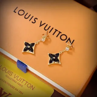 Louis Vuitton Monogram Flower Black Enamel Gold-Tone Chain Drop Earrings