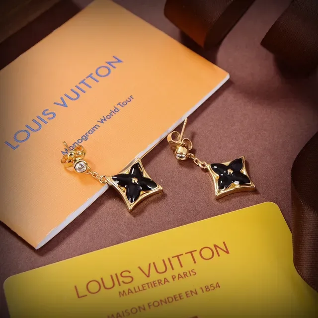 Louis Vuitton Monogram Flower Boucles d'Oreilles Noir Émail Chaîne Dorée 2
