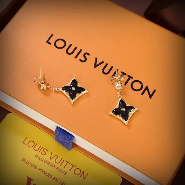 Louis Vuitton Monogram Flower Boucles d'Oreilles Noir Émail Chaîne Dorée 3