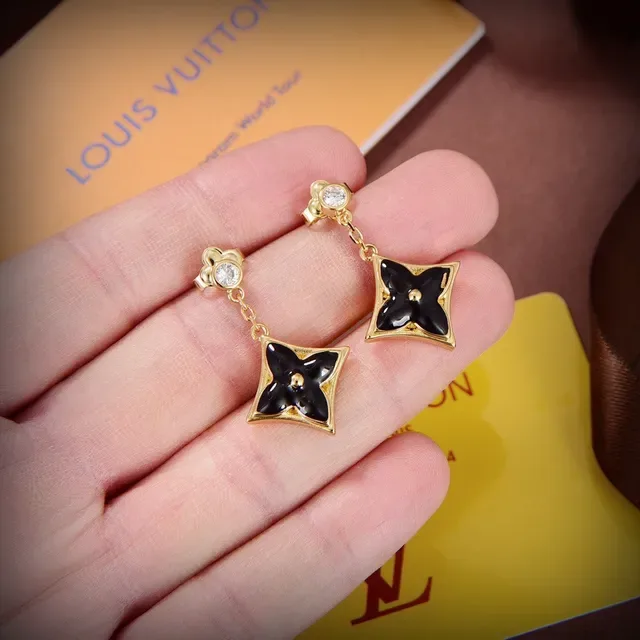 Louis Vuitton Monogram Flower Boucles d'Oreilles Noir Émail Chaîne Dorée 4