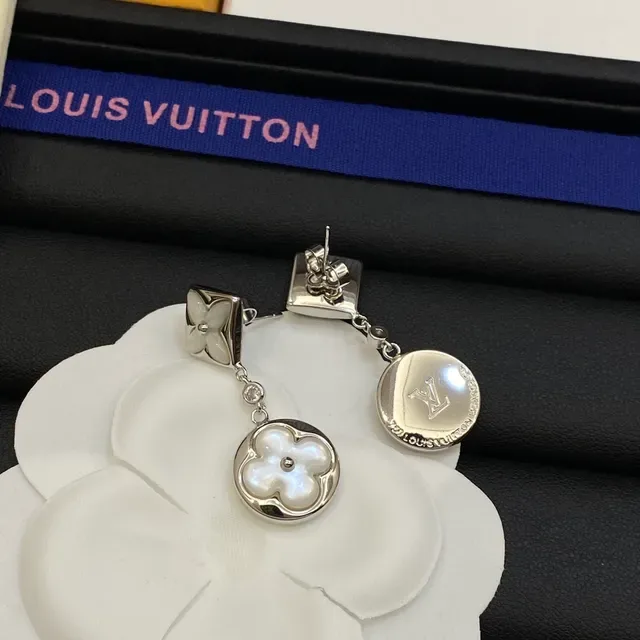 Louis Vuitton Monogram Flower Gold Silver Floral Motif Mother-of-Pearl Inlay Earrings 2