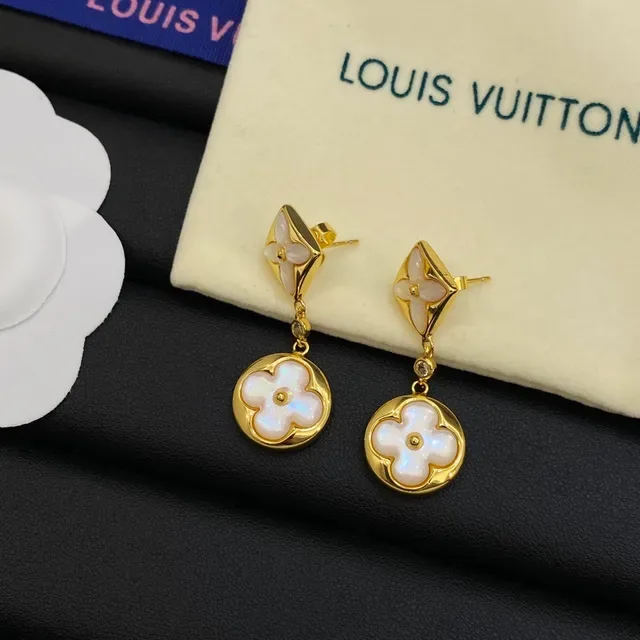 Louis Vuitton Monogram Flower Gold Silver Floral Motif Mother-of-Pearl Inlay Earrings 3