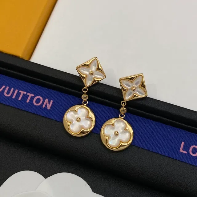 Louis Vuitton Monogram Flower Gold Silver Floral Motif Mother-of-Pearl Inlay Earrings 4