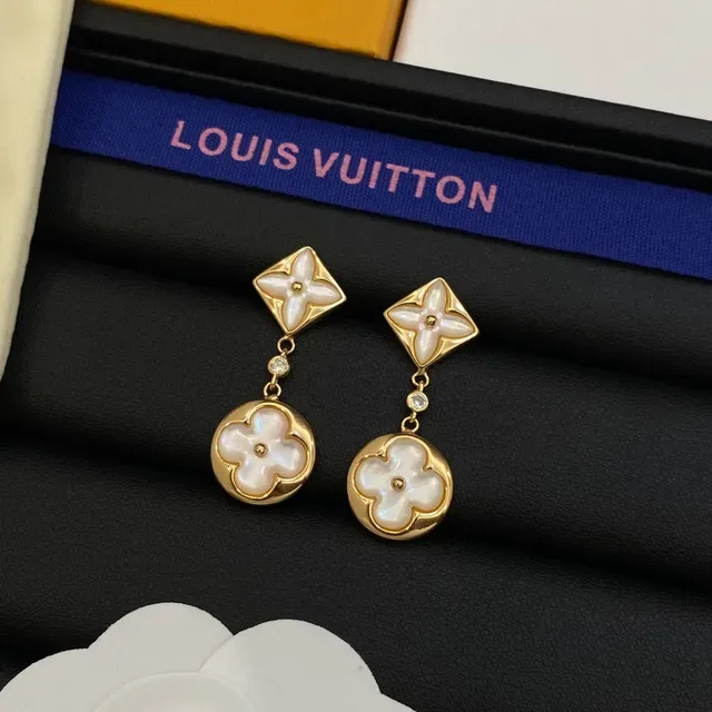 Louis Vuitton Monogram Flower Gold Silver Floral Motif Mother-of-Pearl Inlay Earrings 5
